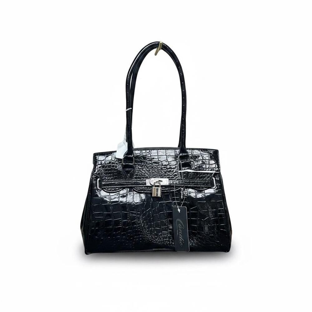 Elegant Black Crocodile-Embossed Handbag 10" x 13"